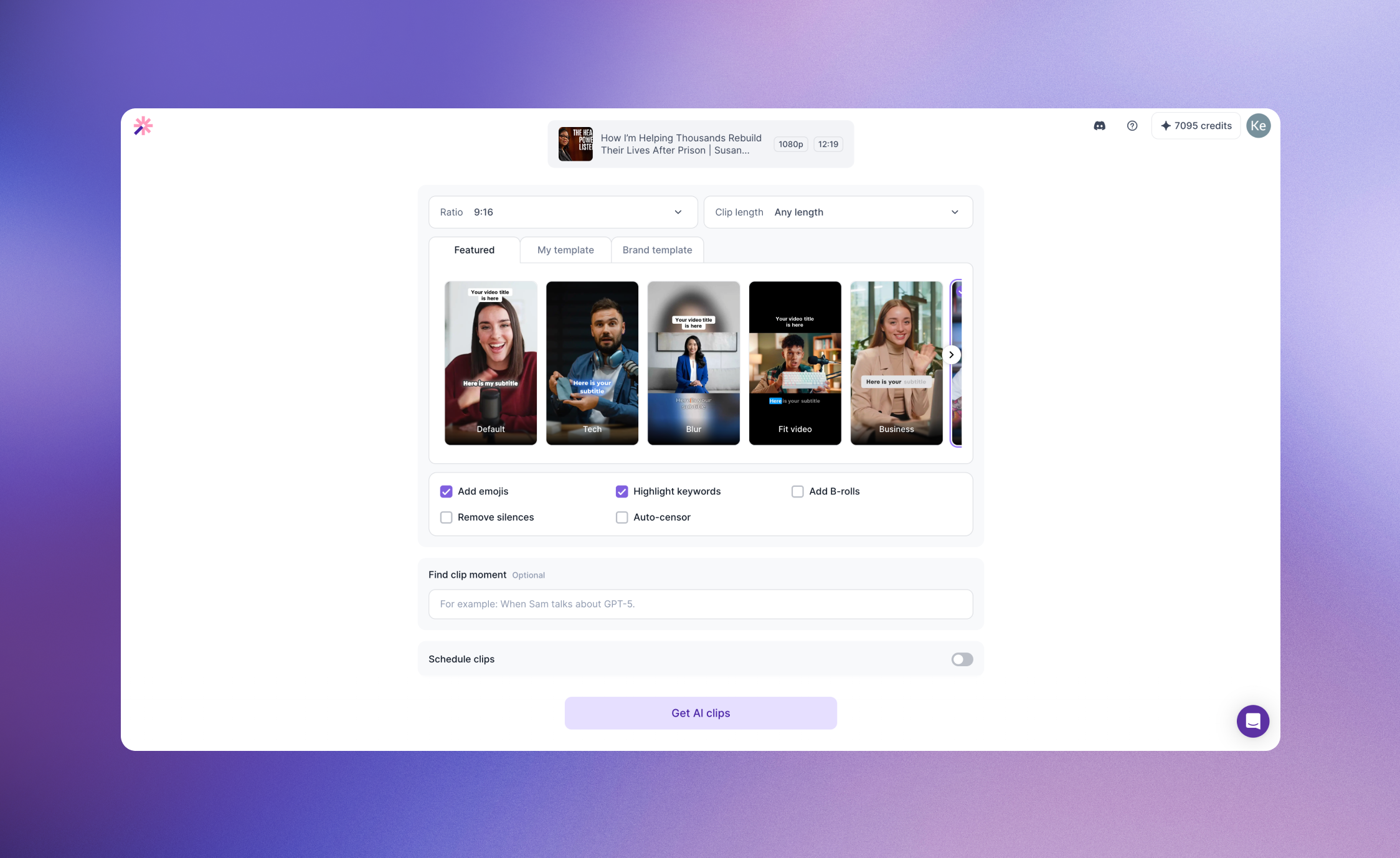 End-to-end product demo: Upload → AI clips → Refine → Publish