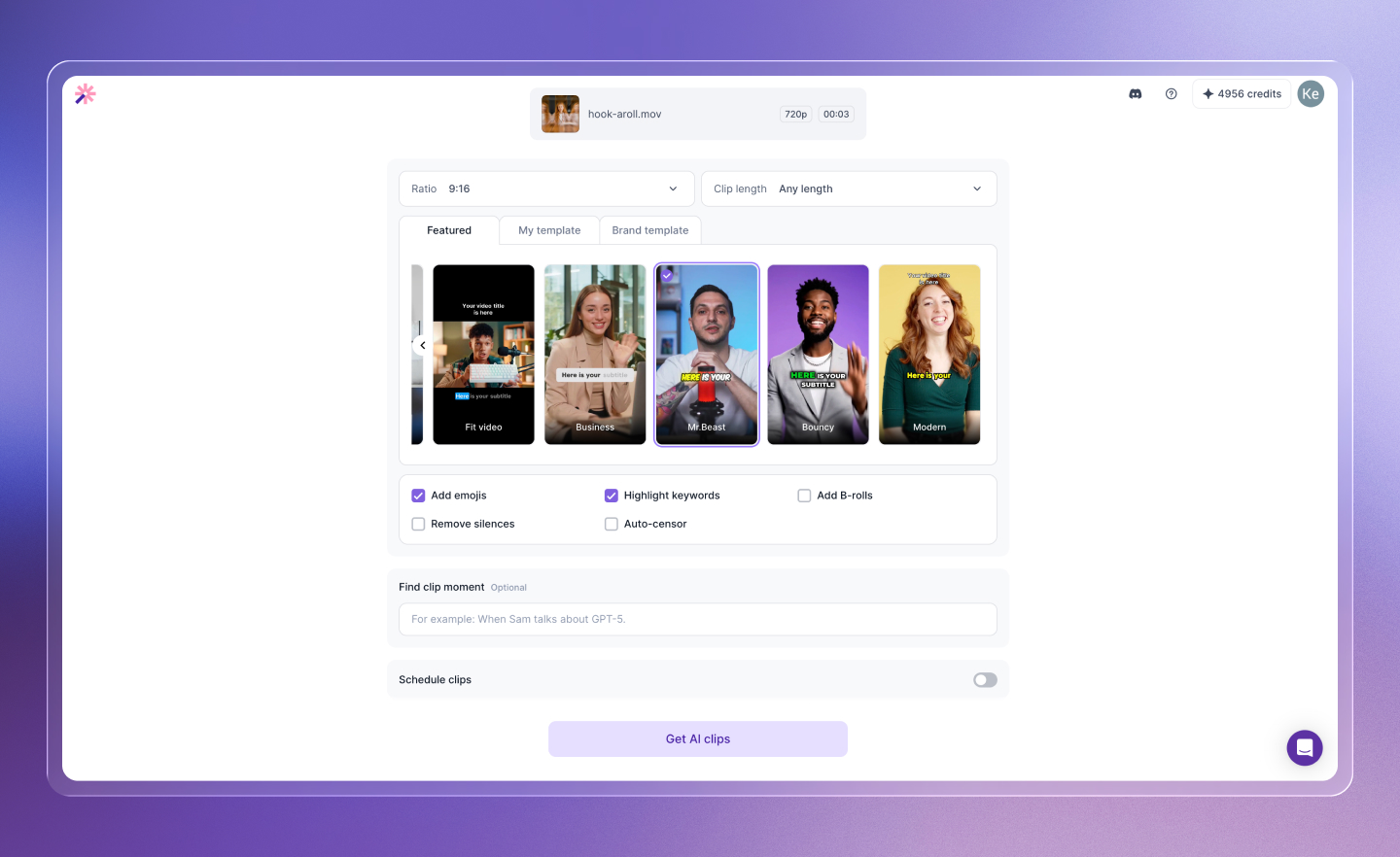 Upload flow with real-time template preview and selection